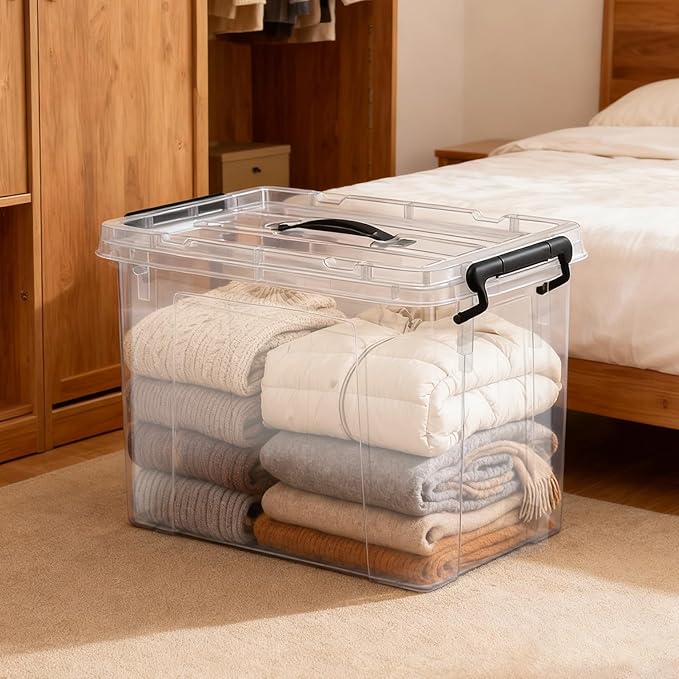 90 Quart 4-Pack Heavy-Duty Stackable Clear Storage Bins with Lids - Premium Clear Plastic Organizing Containers for Home Office Closet &amp Bathroom BPA-Free Secure Latches and Pull Handles