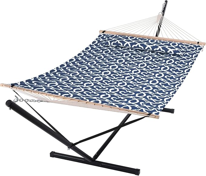 SUNCREAT Two Person Hammock with Stand 475 lbs Capacity Portable Patio Hammock with Hardwood Spreader Bar Large Soft Pillow Blue Pattern