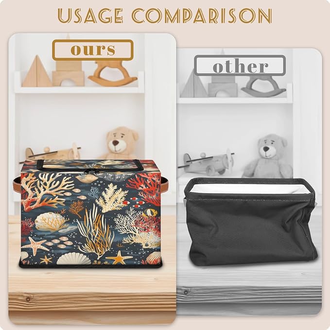 Sea Ocean Storage Box with Lid Seashell Collapsible Storage Bins Baskets Cubes Closet Shelf Clothes Organizer Containers with PU Leather Handles
