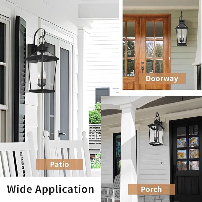 JYZ Dusk to Dawn Outdoor Wall Sconce 24 Inch Waterproof Exterior Wall Lantern with Textured Glass 2-Light Anti-Rust Classic Porch Light for Front Door Garage Patio Yard JYOWL06-BK-L