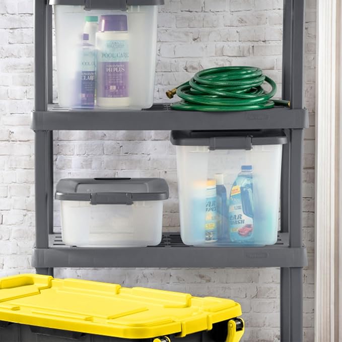 Sterilite 12-Pack ShelfTote Clear Plastic Storage Bins with Lids 25 Quart Gray - Stackable Organizing Container Boxes for Closet Bathroom and Office