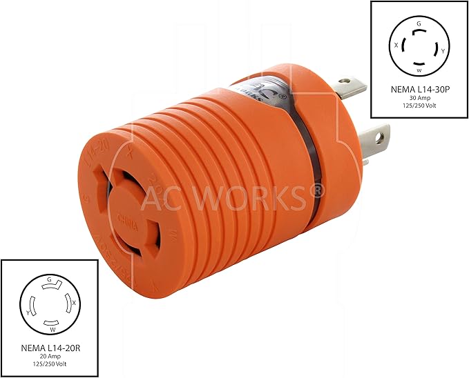 AC WORKS 30Amp 4 Prong 125/250Volt L14-30P Locking Plug to L14-20R 20Amp 4 Prong 125/250Volt Locking Female Generator Adapter (Compact)