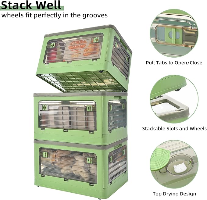 32Qt Plastic Storage Bins with Lid Collapsible Storage Bins with Wheels Storage Boxes with 4 Doors Stackable Storage Bins for Organizing Clothes Snacks and Camping 2-Pack (Green)