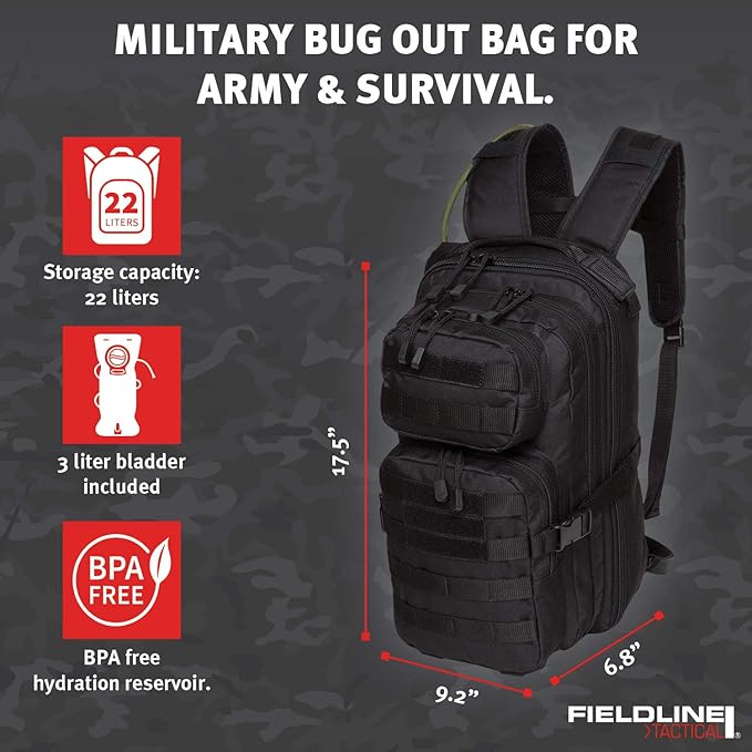 Surge Tactical Hydration Pack by Fieldline | Military Backpack with MOLLE System | Survival Bug Out Bag | 22L Storage Capacity + 3L Reservoir (Digital Sand)