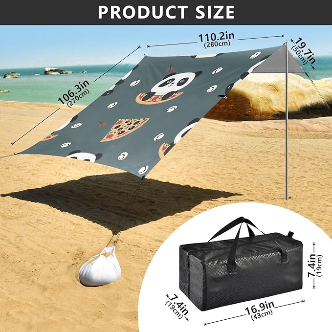 ALAZA Cute Panda Pizza Seamless Beach Tent Sun Shelter Portable Canopy Sunshade for Outdoor Camping Picnics Backyard Fun 10x9 ft