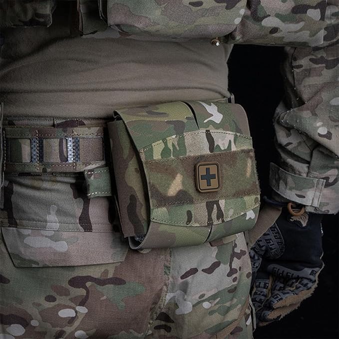 Camouflage MOLLE Medical Pouch with roll-Out Organizer top Tourniquet Band &amp ID Patch Area Utility First Aid Pouch for Airsoft Training &amp Outdoor Use
