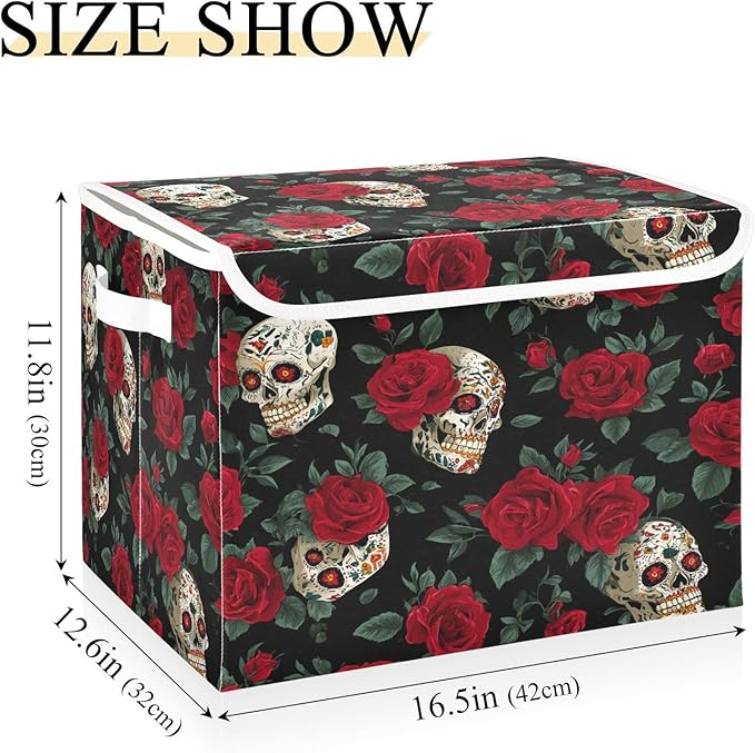 Storage Bins with Lids Storage Containers Box Organizer Bin Basket with Handles for Closet Shelves Clothes Stackable Foldable Decorative Mexico Skull Rose Flowers Red