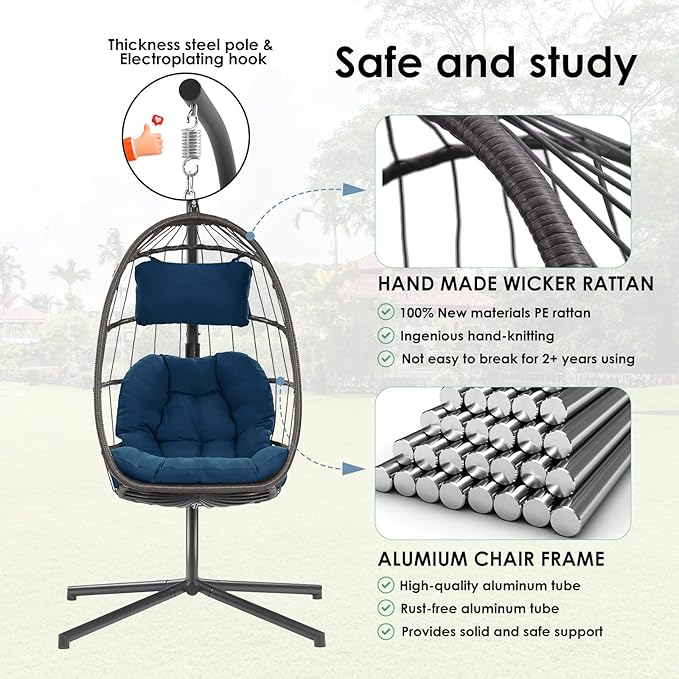 Egg Chair with Stand - Hanging Swing Egg Chair Rattan Wicker Patio Hammock Chair for Indoor Outdoor Bedroom - Rusty Resistant Aluminum Frame and UV Resistant Cushion 350LBS Capacity (Teal Blue)