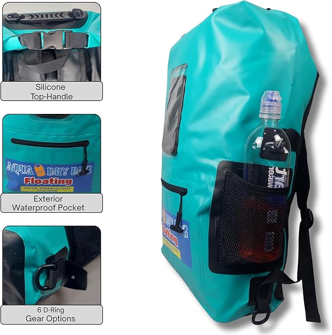 Waterproof Backpack 28L Teal Dry Bag Cell Phone Pouch with Exterior Window for Easy Use During All Water Sports | 28L Large Capacity | Ideal for Hiking Boating Rafting and Travel