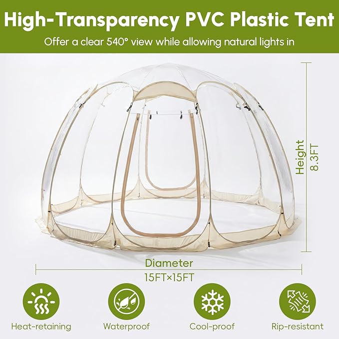 Pop Up Bubble Tent15 x 15 ft Outdoor Greenhouse Clear Camping Shelters8-12 Persons Igloo TentPVC 540°Degree Fully TransparentWeatherproof and Cold Protection Portablefor Patio and Backyard