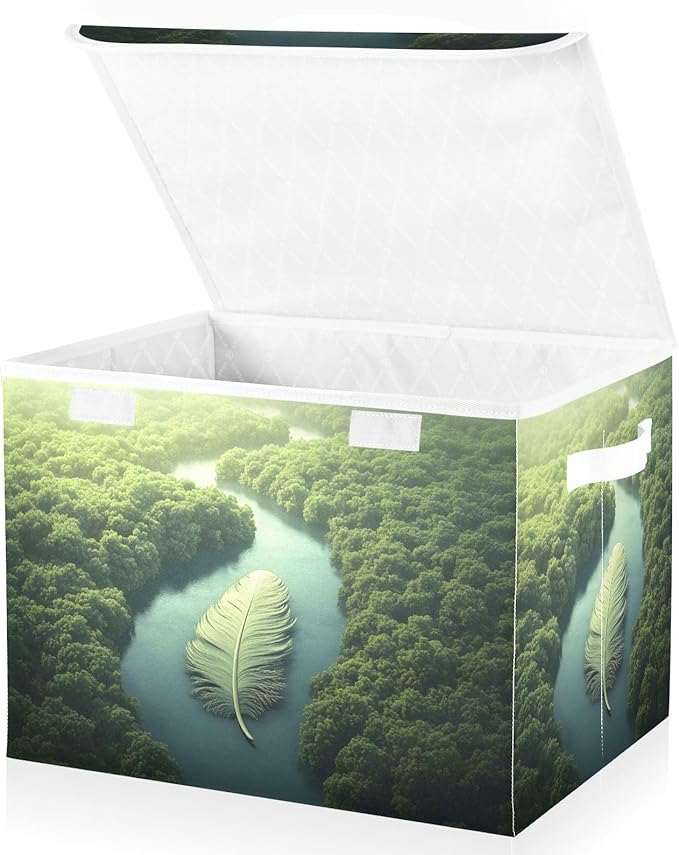 Storage Cube with Lid Huge Feather Print 16.5×12.6×11.8 IN Collapsible Large Capacity Foldable Storage Basket Bin Organizer