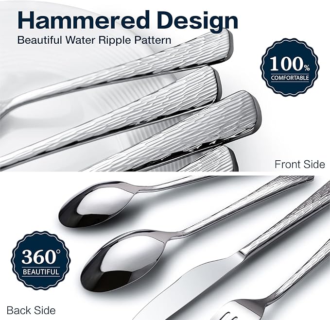KINGSTONE Hammered Silverware Set 40-Piece Flatware Set 18/10 Stainless Steel Premium Cutlery with Unique Ripple Handles Design Mirror Polished - Dishwasher Safe