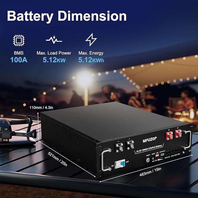 48V 100Ah LiFePO4 Lithium Battery with Bluetooth &amp Mobile APP Built-in 100A BMS 5.12kWh 3U Rack Mount Server Battery 6000+ Cycles Perfect for Solar Energy Storage Home Backup Power Storage