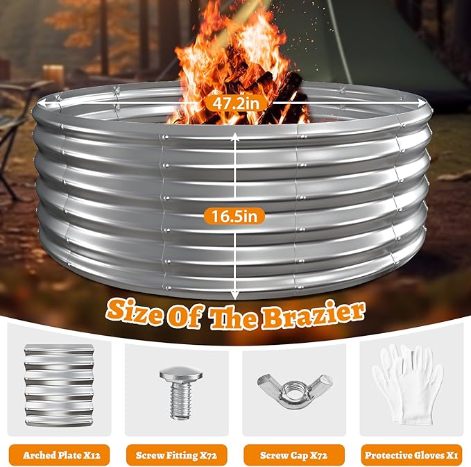 Metal Fire Pit Ring/Bonfire Fire Ring- 48 Inches Diameter 0.7 MM Thick1.5 ft High Durable and Stylish for Outdoor Fire PitsPatios and Camping (Silver 4X4X1.5 ft)