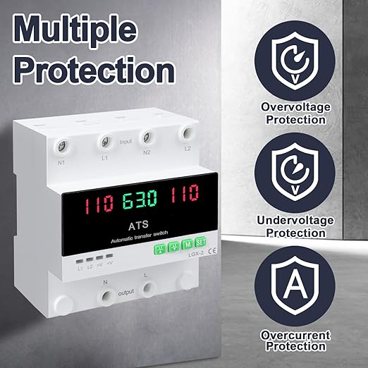 100A 120V Automatic/Manual Generator Transfer Switch DIN Rail Mount 110V for Generator Backup Power &amp Gas Furnace 50/60Hz LED Display CE Certified