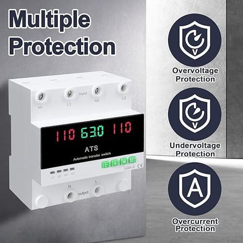 100A 120V Automatic/Manual Generator Transfer Switch DIN Rail Mount 110V for Generator Backup Power &amp Gas Furnace 50/60Hz LED Display CE Certified