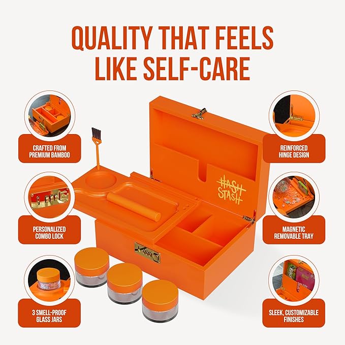 HASHSTASH The OG Storage Box - Large Bamboo Box with Combination Lock Magnetic Lid Organizer Tray Airtight Tube and 3 Jars - Discreet Decorative Locking Wooden Box with Accessories (Neon Orange)