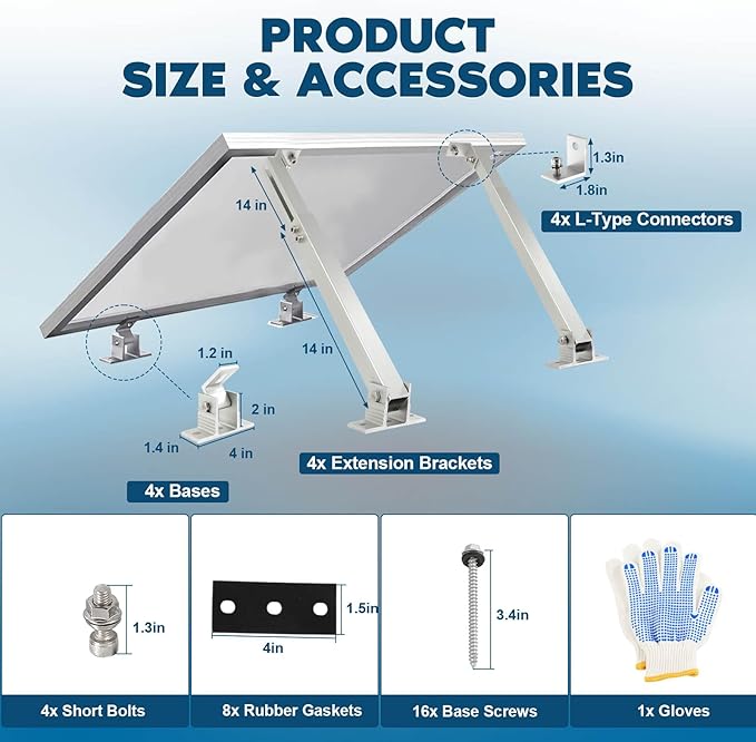 GCCSJ 2 Sets Solar Panel Mounting Brackets 14-27 inch Adjustable Solar Panel Tilt Mount Brackets Aluminum Alloy Solar Panel Mounting Kit Suitable for 100-450W Solar Panels for RV Roof Boat Camping