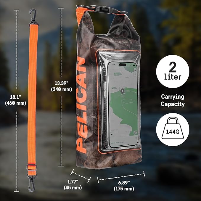 Pelican Marine IP68 Waterproof Dry Bag 2L - Roll Top Waterproof Backpack w/Phone Case/Pouch - Boating &amp Kayak Accessories - Essentials for Camping Swimming Beach Fishing Rafting Travel - Hunter Ca