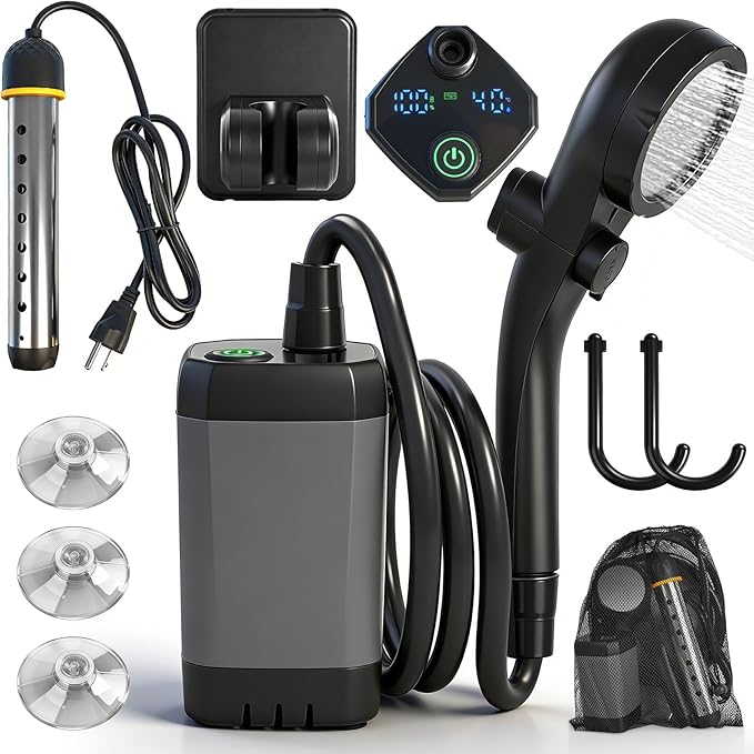Portable Shower for Camping with Immersion Water Heater 6000mAh Rechargeable Camping Shower Pump with Intelligent LED Display Outdoor Camp Shower Pump for Hiking Traveling Car Washing Pet Bath