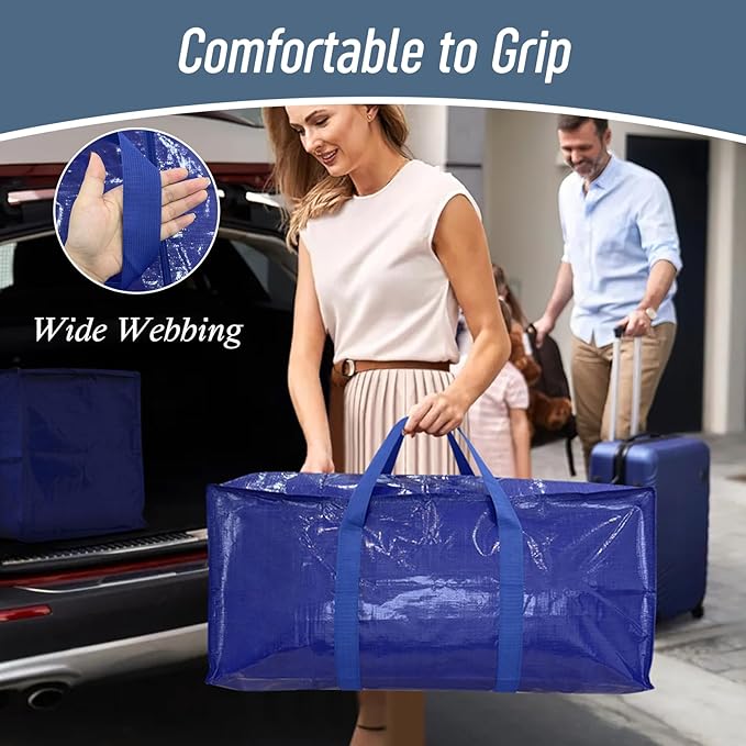 12 Pack Extra Heavy Duty Large Moving Bags with Strong Zipper &amp Comfortable Handles Sturdy &amp Durable Clothes Storage Bags Totes Bins Packing Moving Boxes for College Supplies Blue
