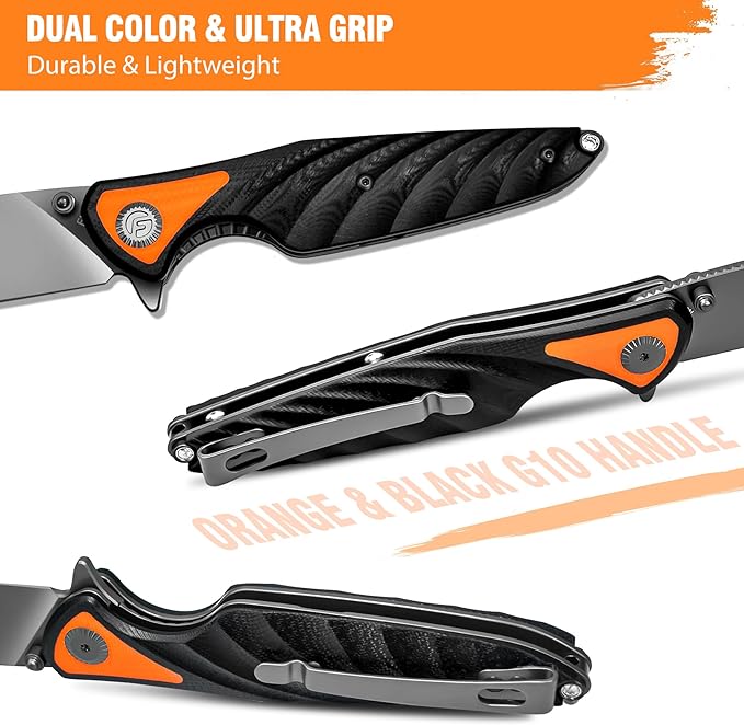 FINTISO Pocket Knife 3.15 Folding Knife Premium 14C28N Blade Black and Orange G10 Handle Bicolour Design with Liner Lock Pocket Clip for Men Women Small EDC Knife for Camping Hunting Hiking Surv