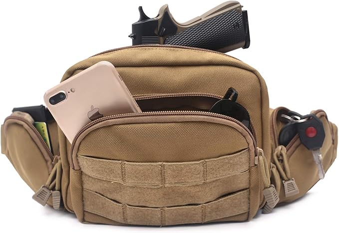 Concealed Pistol Bag Multipurpose Nylon Tactical Handgun Case Fanny Pack Waist Bag Bumbag Chest Pack with Molle Webbing Loop (Mud)