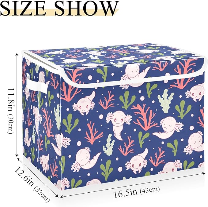 Storage Box Cute Axolotl Salamander Closet Storage Bins with Lids Foldable Oxford Fabric Storage Box for Home Bedroom Closet Office (16.5x12.6x11.8 in)