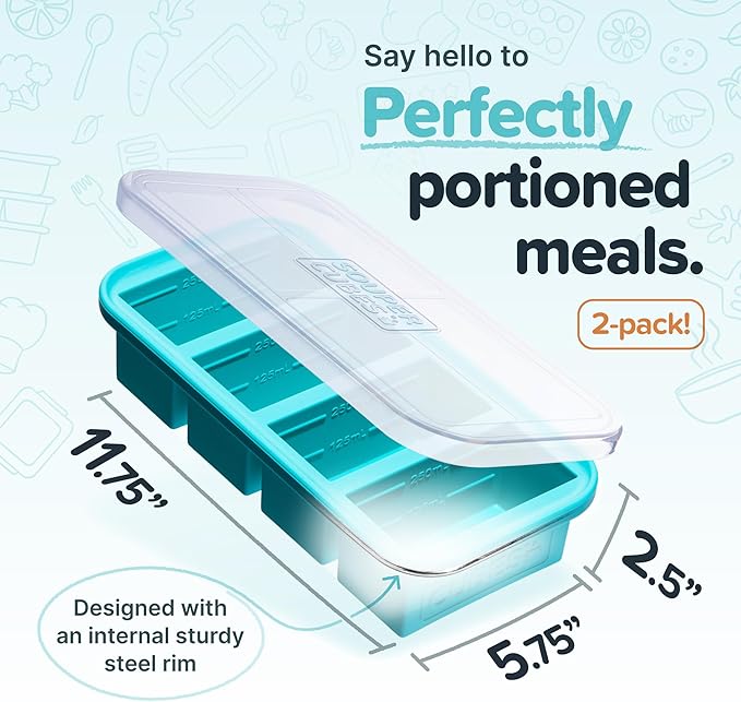 Souper Cubes 1 Cup Silicone Freezer Molds with Lids - Soup Cubes with Steel Reinforced Rim - Perfect for Freezing Broth Rice Individual Portions Meal Prepping and More - Aqua - 2-Pack