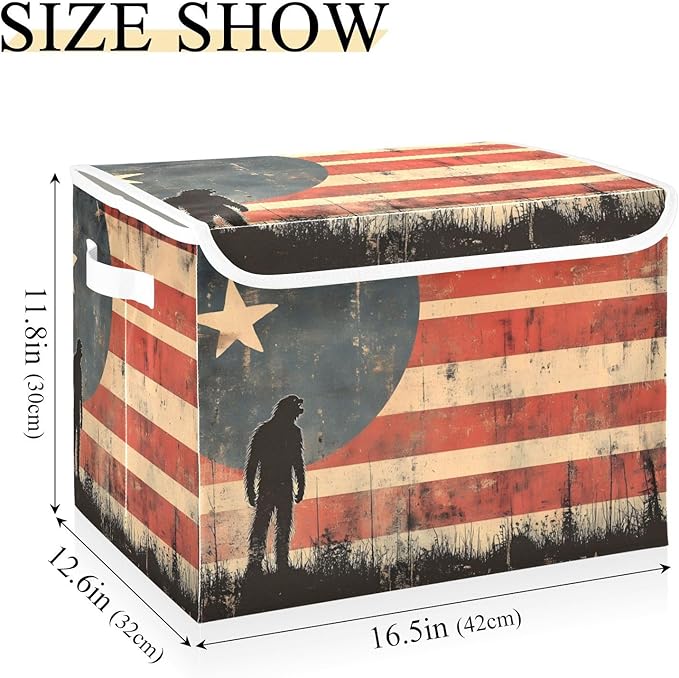 AIXIWAWA Lidded Storage Cube (American Sasquatch Flag) Fabric Foldable Closet Bins with Flip Lid and Handles Organizer Basket Container 16.5 x 12.6 x 11.8 IN