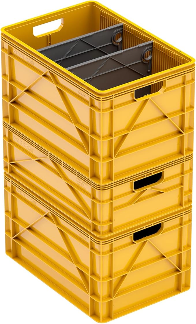 SIDIO Crate Basic Pack - 2 Full-Size &amp 1 Half-Size Heavy Duty Stackable Storage Bins Totes and Containers with Dividers - Durable Plastic Organizer for Home Office Garage and Outdoor Use (Sol)