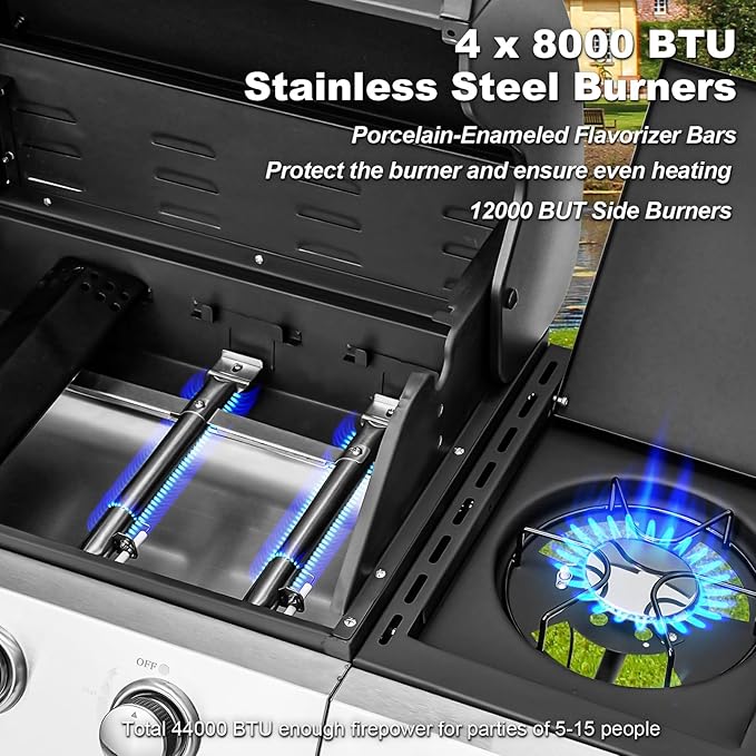 MELLCOM Upgraded 44000 BTU Stainless Steel Burner Barbecue Grill 4 Burner BBQ Propane Gas Grill with Side Stove &amp Cast Iron Grates for Patio Camping Outdoor Cooking