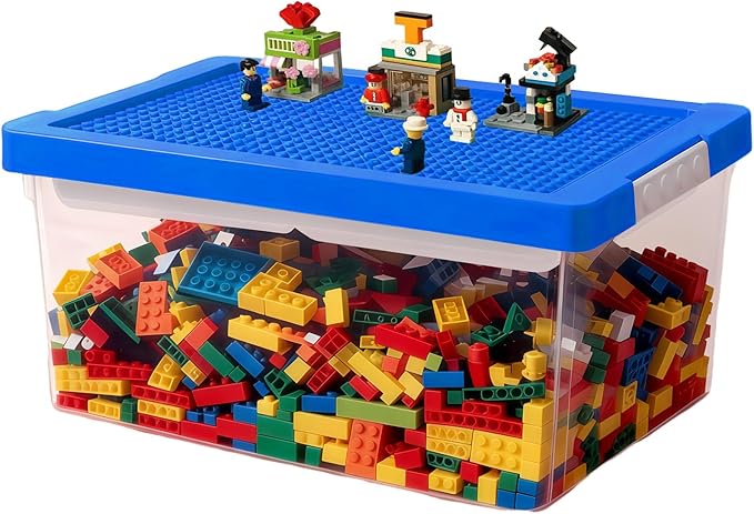 Toy Storage Organizer Bin for Lego Plastic Organizer Box with Removable Tray and Building Baseplate Lid Stackable Building Block Storage Craft Storage Container for Lego Art Toy Tool Sewing