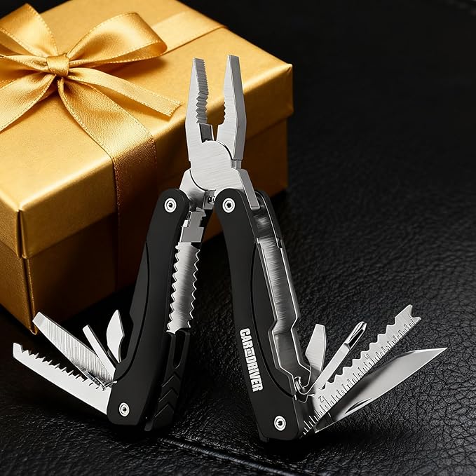 Car and Driver CAD-KH1034 12-in-1 Multitool with LED Flashlight – Stainless Steel USB Rechargeable Compact Folding Pocket Tool with Pliers Screwdrivers Knife Saw &amp More – Portable EDC Tool