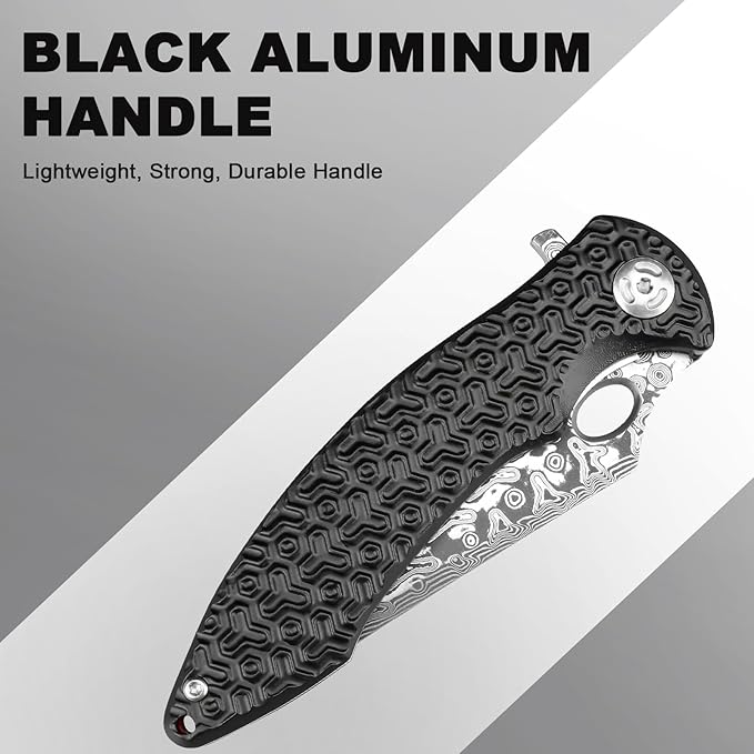 Zingbee Pocket Knife for EDC Damascus Pocket Knife with Black Aluminum Handle 3.3 Damascus Blade Pocket knives &amp Folding Knives