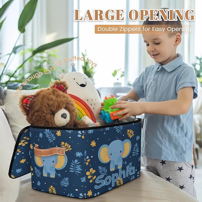 Custom Storage Basket with Name Personalized Storage Bins with Zipper Lid Foldable Fabric Storage Box Large capacity with Handle Elephant Flower Leaves