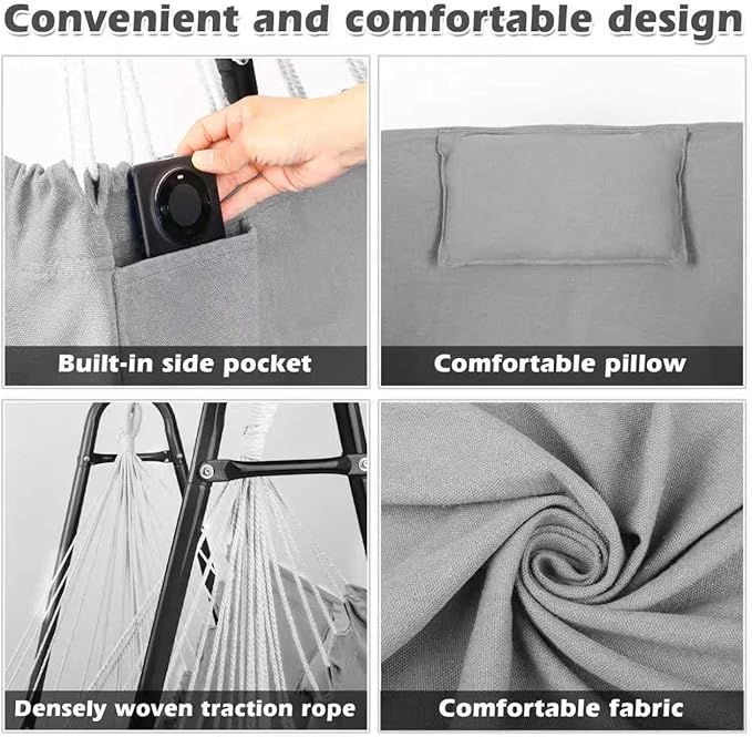 U-Shaped Hammock Chair with Stand Indoor &amp Outdoor Heavy-Duty Metal Frame Hammock Swing Stand Chair with Side Pockets for Brackyard Patio Porch (Light Gray)