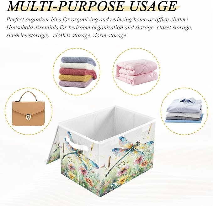 senya Baskets Collapsible Storage Bins with Lids Dragonfly Wildflowers Painting Storage Boxes Clothes Baskets for Organizing B06D22020