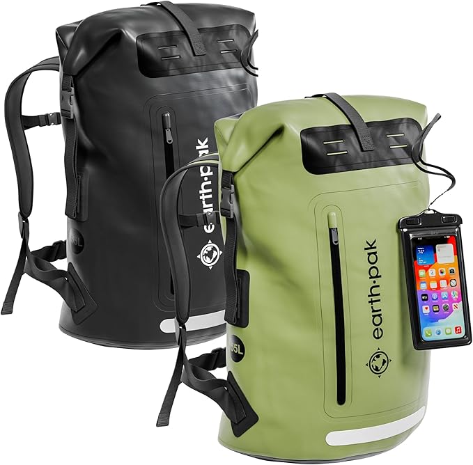 Earth Pak Waterproof Backpack - Heavy Duty Roll-Top Closure with Easy Access Front-Zippered Pocket and Cushioned Padded Back Panel for Comfort with IPX8 Waterproof Phone Case