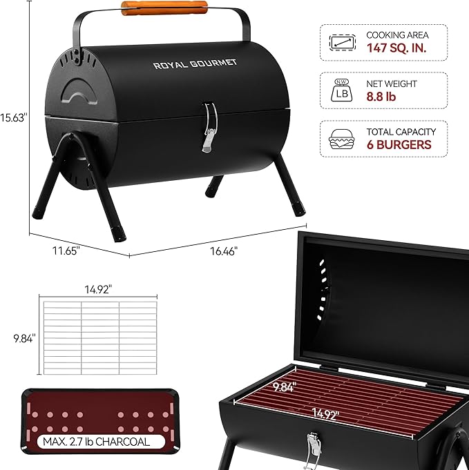 Royal Gourmet CC1015W Portable Charcoal Grill 147 sq. in. Cooking Grid Wooden Handle Tabletop BBQ Grill for Outdoor Barbecue Camping Picnic Backyard Patio Black