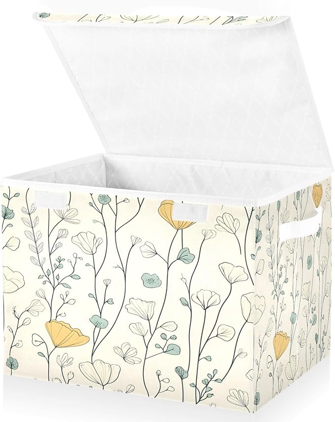Line Art Flowers Fabric Storage Bins with Lids and HandleFoldable Storage Bins with LidsCloset Organizers for Clothes Storage Room Organization Office Storage Chest Organizer