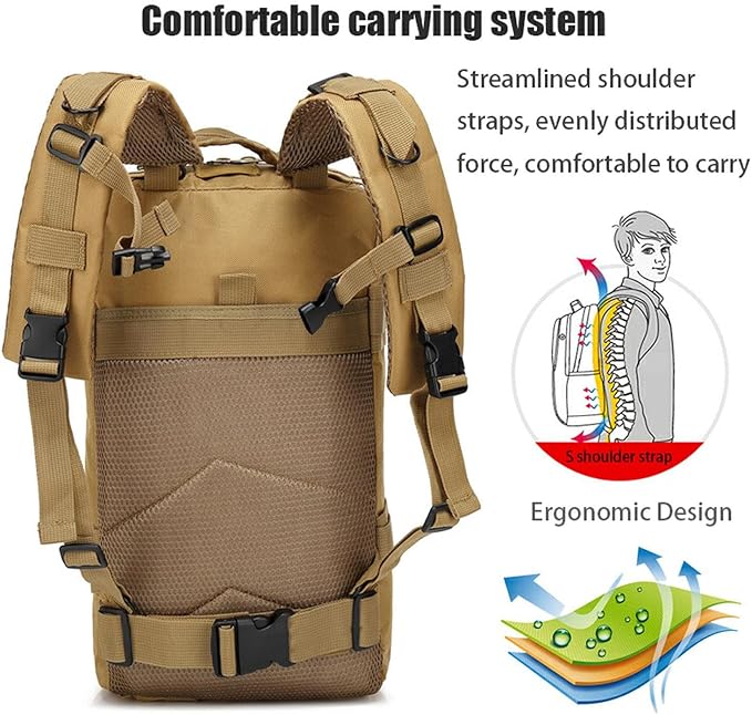 30L Comfortable Durable Military Tactical Backpack w/USA Flag Patch MOLLE Hiking Camping Travel Bag(khaki)