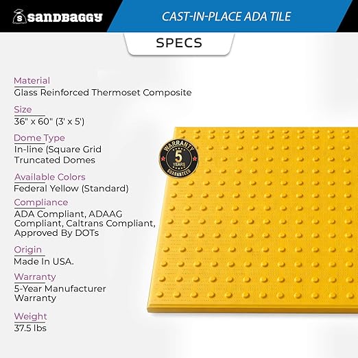Sandbaggy Cast-in-Place ADA Pads - USA Made Truncated Domes | ADA/DOT Compliant | 5 Year Warranty (1 Yellow 36 x 60)