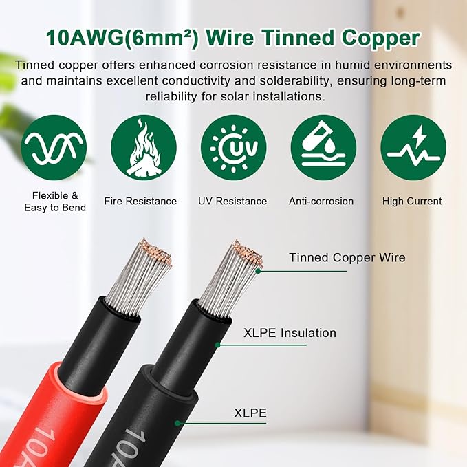 Solar Panel Wire 10 AWG(6mm²) - Solar Extension Cable 50Ft Black &amp 50Ft Red 10 Gauge Tinned Copper PV Wire for Outdoor Automotive RV Solar Panel Boat Marine (Black+Red)