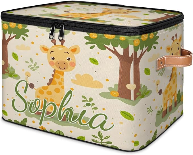 Custom Storage Basket with Name Personalized Storage Bins with Zipper Lid Foldable Fabric Storage Box Large capacity with Handle Giraffe Tree