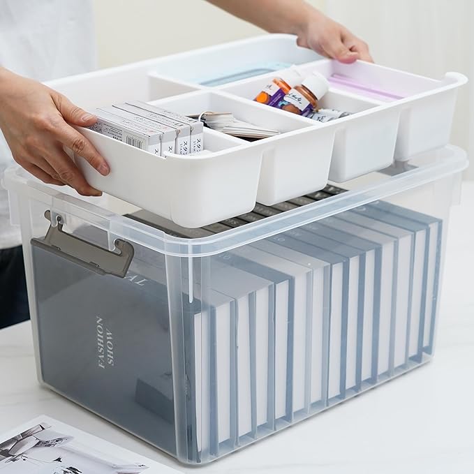 Citylife 32 QT Plastic Storage Bins with Removable Tray Large Stackable Storage Containers for Organizing Craft Storage and Storage Craft Clothes Files Office Supplies 4 Packs