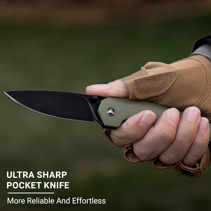 Pocket Knife 3.1 Black Stonewashed D2 Blade EDC Knife with G10 Handle Front Flipper Pocket Knife for Men Women with Thumb Stud - Camping Hiking Survival Preparation