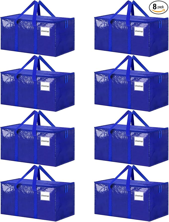 8 Pack Extra Large Heavy Duty Moving Bags Blue Storage Bins with Lids Reinforced Handles &amp Heavy-Duty Zippers Moving Boxes Storage Bags Totes for Clothes Packing Dorms College Supplies Blue