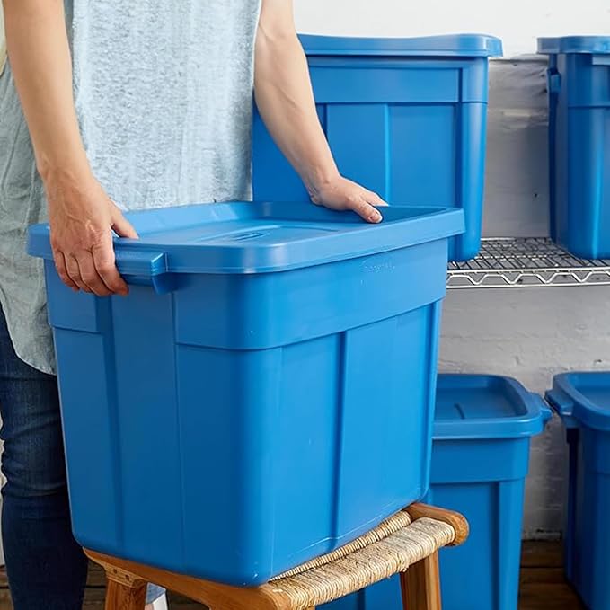 Rubbermaid Roughneck Tote 18 Gal 10 Pack Made in USA Heritage Blue Rugged Plastic Stackable Storage Bins with Lids and Handles