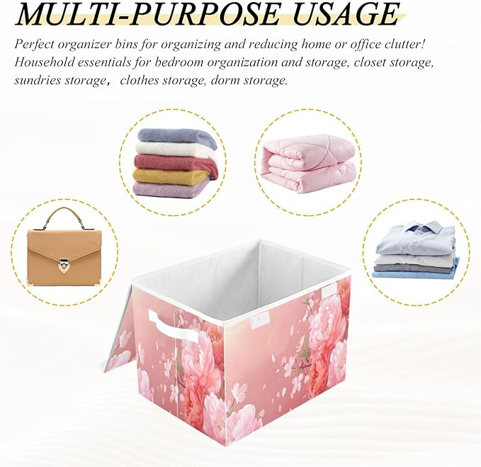MNSRUU Containers Baskets with Lids Pink Flowers Foldable Storage Bins Organizer with Lid Collapsible Storage Boxes for Home Bedroom Closet Office